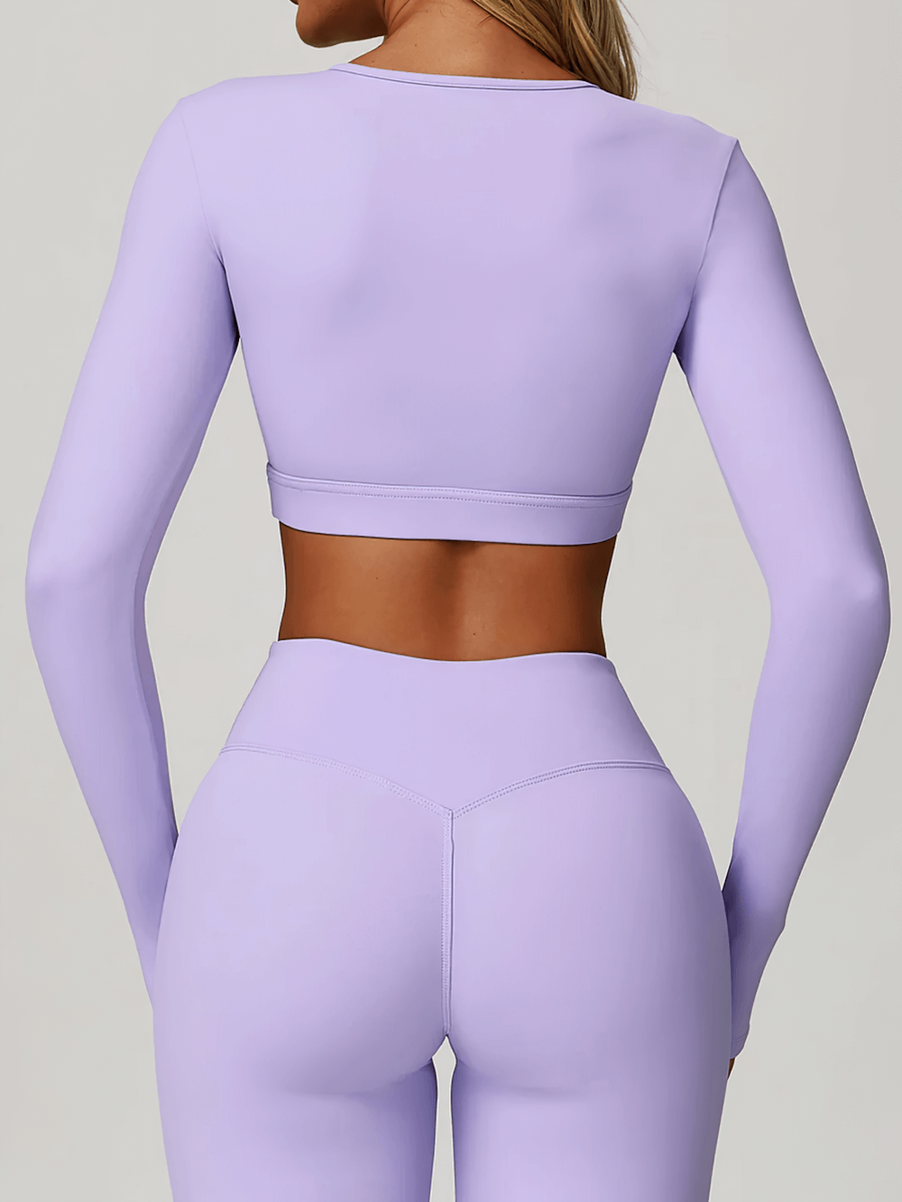 Alt Tag: Long Sleeve Cutout Yoga Crop Top for Women's - SF4384 lavender back view, long sleeve quick-dry stretchy yoga crop top