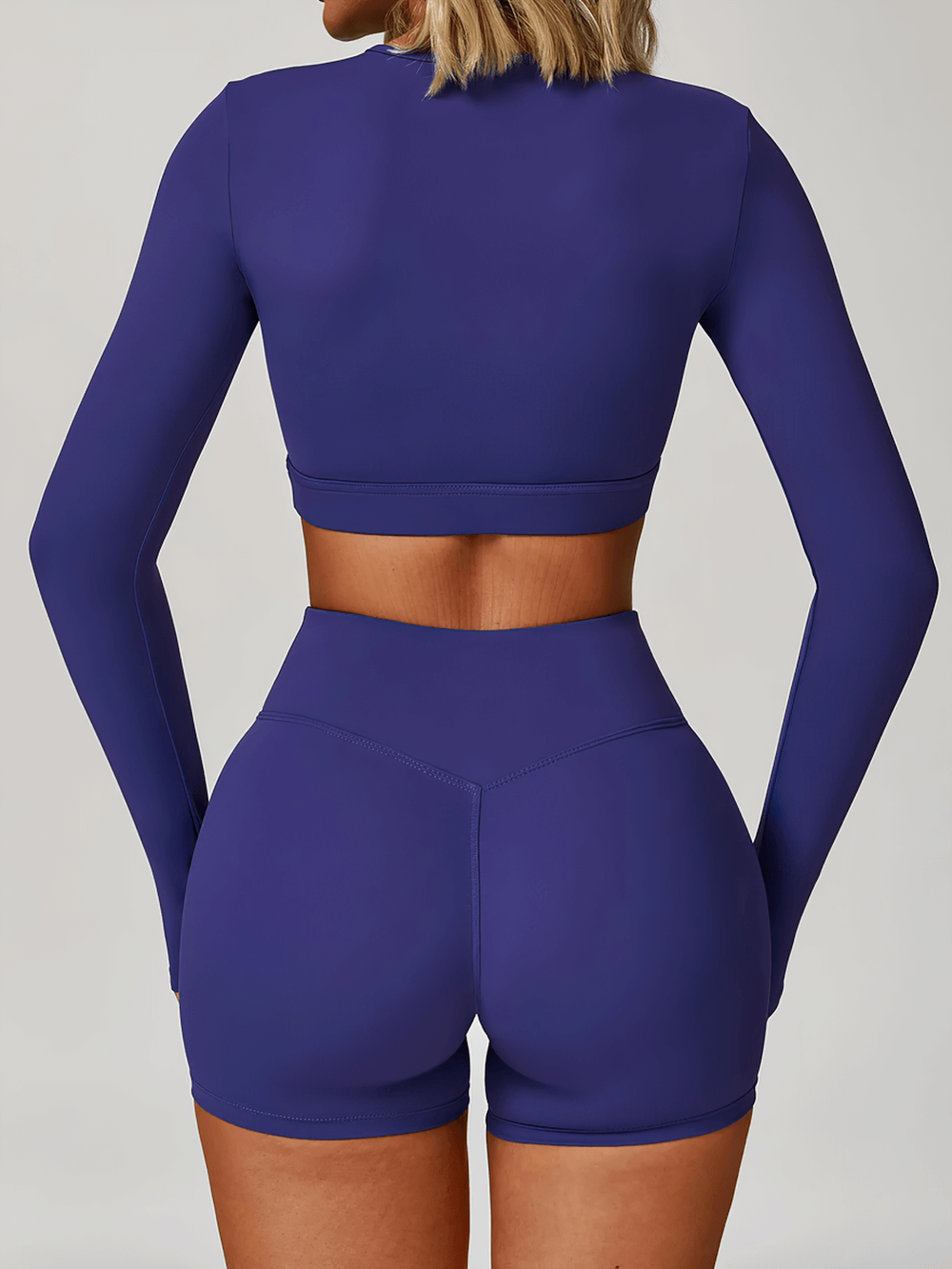 Alt Tag: Long Sleeve Cutout Yoga Crop Top for Women's - SF4384 back view in lavender quick-dry long sleeve crop top with matching shorts