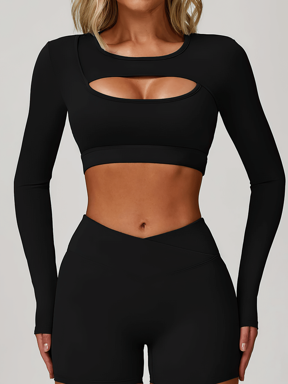 Alt Tag: Long Sleeve Cutout Yoga Crop Top for Women's - SF4384 black keyhole long sleeve crop sports top, breathable quick-dry for yoga gym