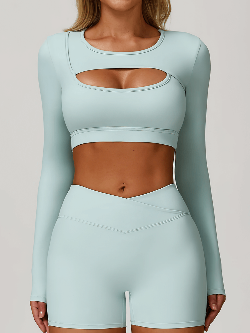 Alt Tag: Long Sleeve Cutout Yoga Crop Top for Women's - SF4384 light blue keyhole long sleeve crop top with matching shorts, quick-dry
