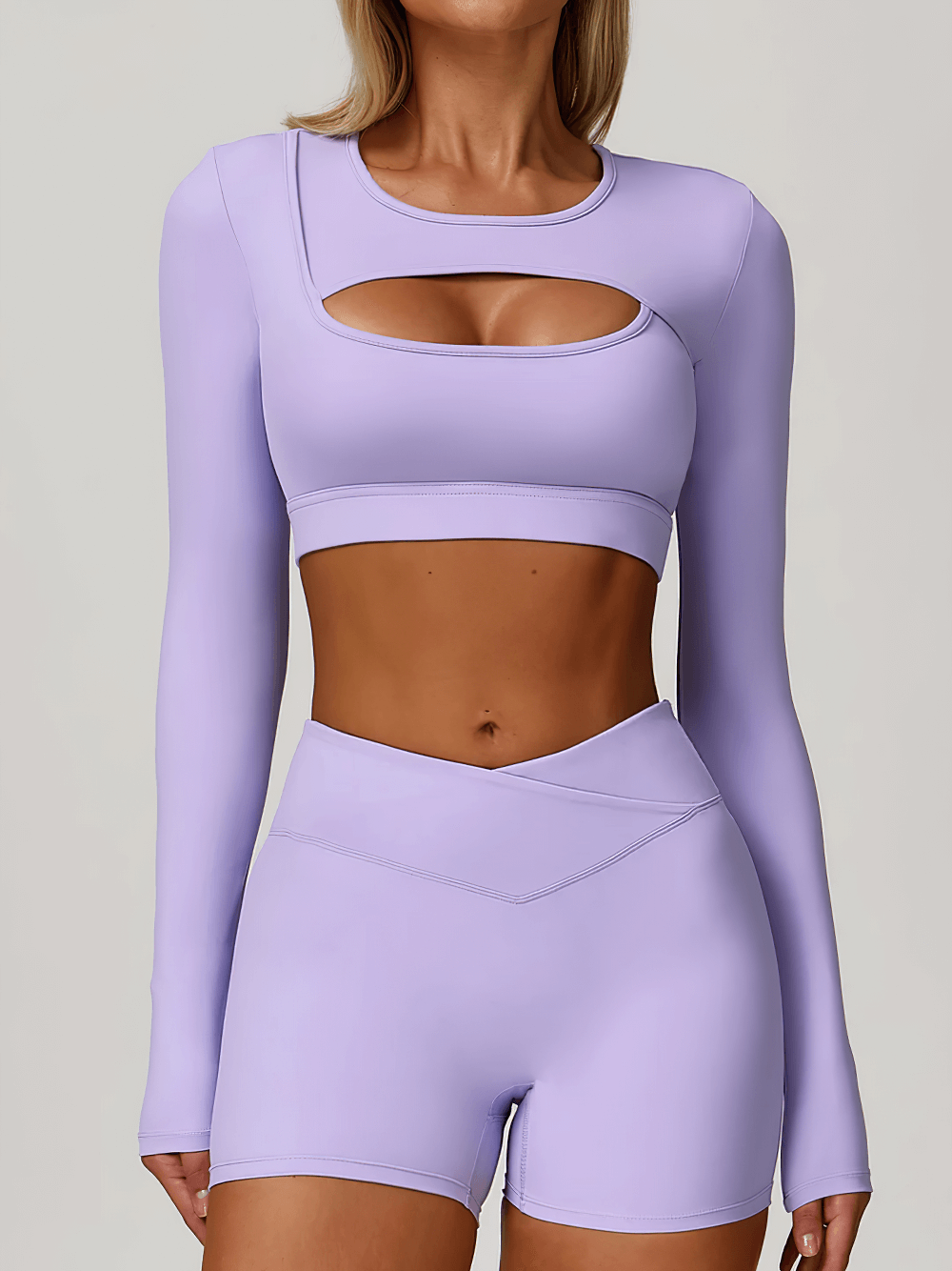 Alt Tag: Long Sleeve Cutout Yoga Crop Top for Women's - SF4384 lavender keyhole long sleeve crop top, quick-dry stretchy athleisure