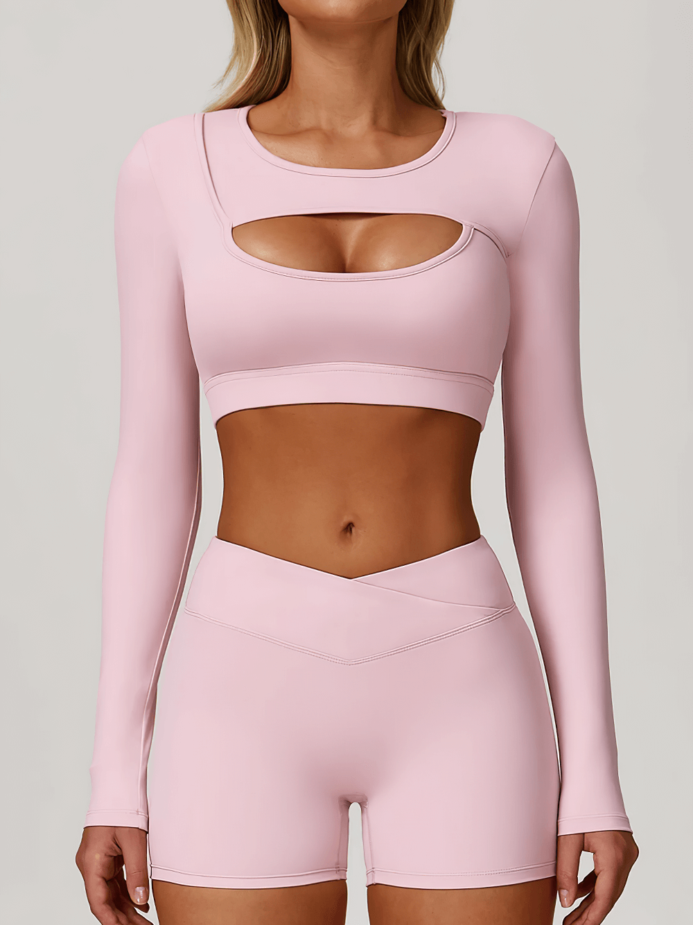 Alt Tag: Long Sleeve Cutout Yoga Crop Top for Women's - SF4384 in lavender with keyhole chest cutout, quick-dry long sleeves