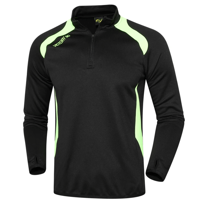 Black long-sleeve fleece sports top with neon accents and finger holes, designed for performance running, style SF2078.