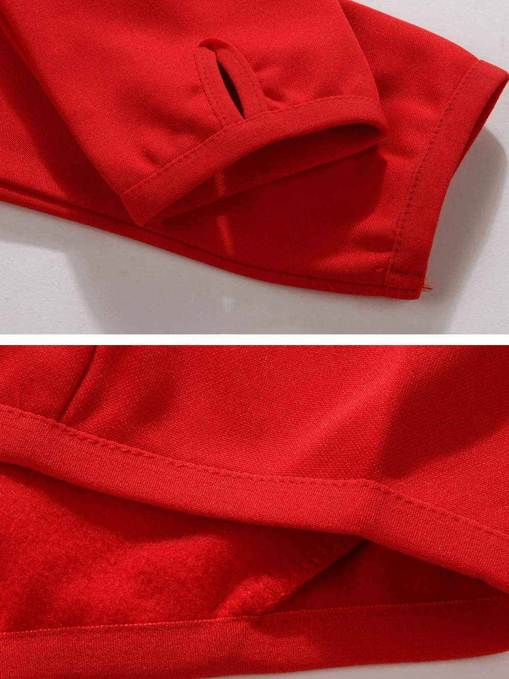 Red long-sleeve fleece sports top with finger holes, showcasing neon accents and moisture-wicking fabric detail for enhanced performance.