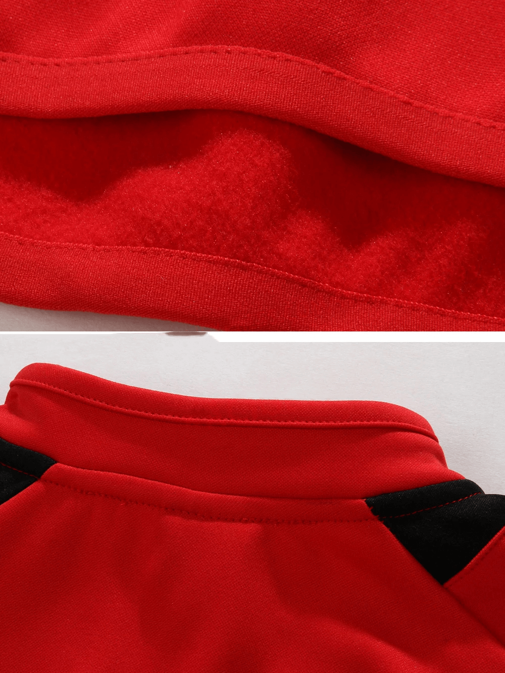 Close-up of red Long-Sleeve Fleece Sports Top SF2078 fabric and collar showcasing design and quality.