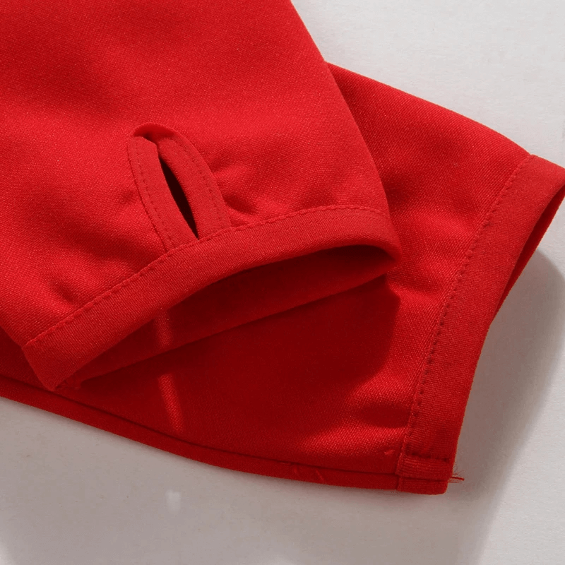 Close-up of red long-sleeve fleece sports top with finger holes, perfect for performance running and stylish workouts.