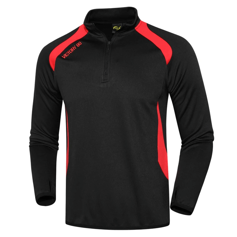 Black long-sleeve fleece sports top with red neon accents and finger holes, perfect for performance running, SF2078.