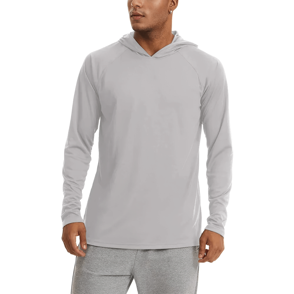 Men's long sleeve hooded UV protection top for hiking in light gray color, relaxed fit, lightweight polyester, perfect for outdoor activities.