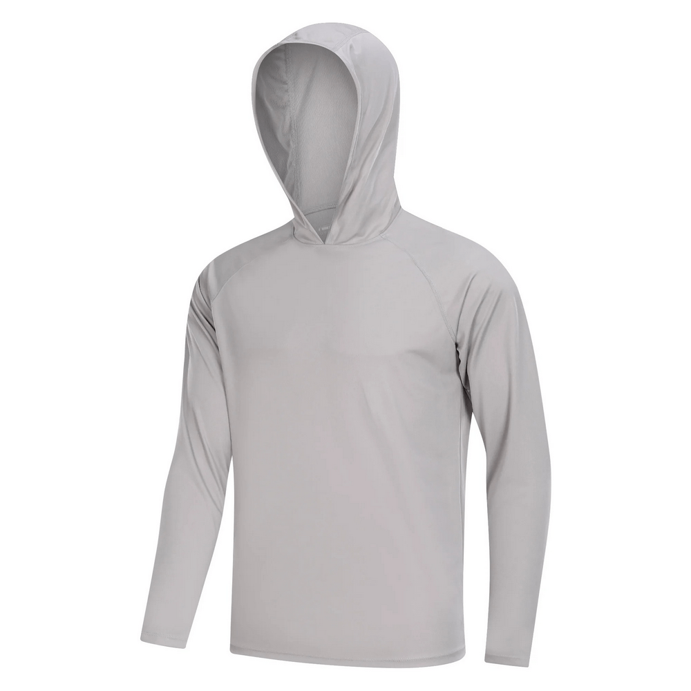 Men's long sleeve hooded UV protection top in light gray for hiking and outdoor adventures, features relaxed fit and breathable material.