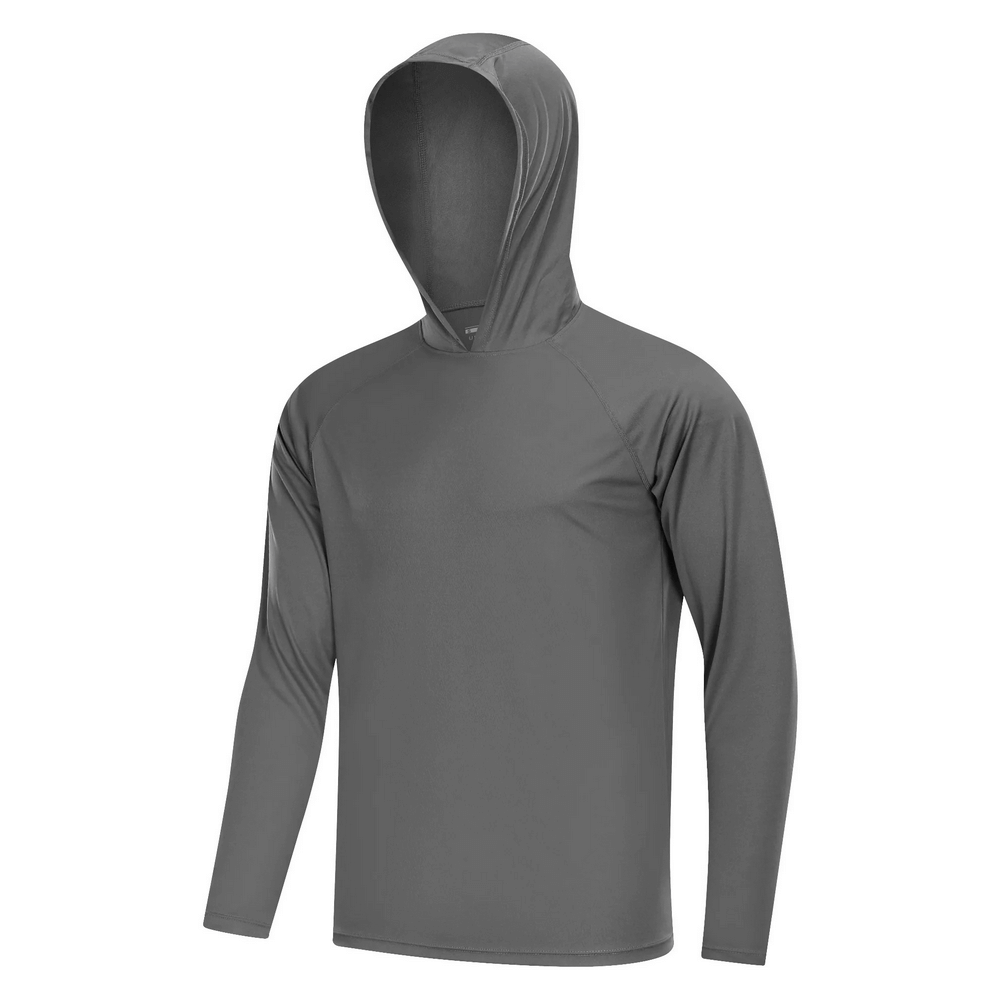 Men's long sleeve UV protection hooded top in grey for outdoor activities, lightweight polyester hiking shirt, SF2547.