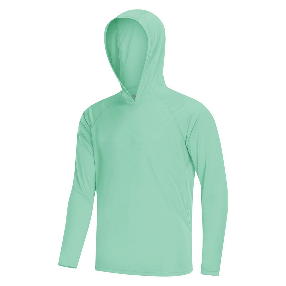 Men's long sleeve hooded top with UV protection for hiking and outdoor activities, lightweight polyester, solid pattern, relaxed fit, mint green.