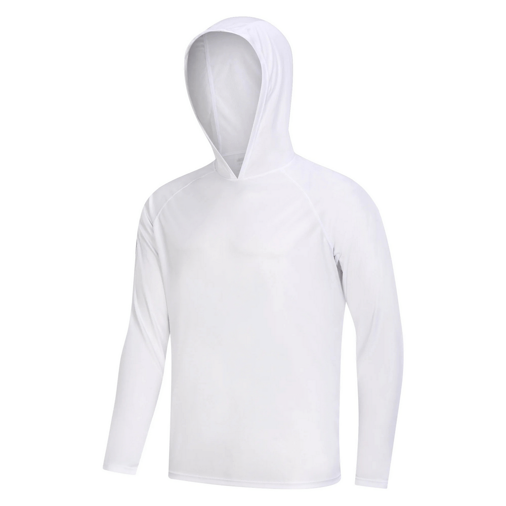 Men's long sleeve hooded UV protection hiking top in white, perfect for outdoor activities. Lightweight polyester, breathable, relaxed fit.