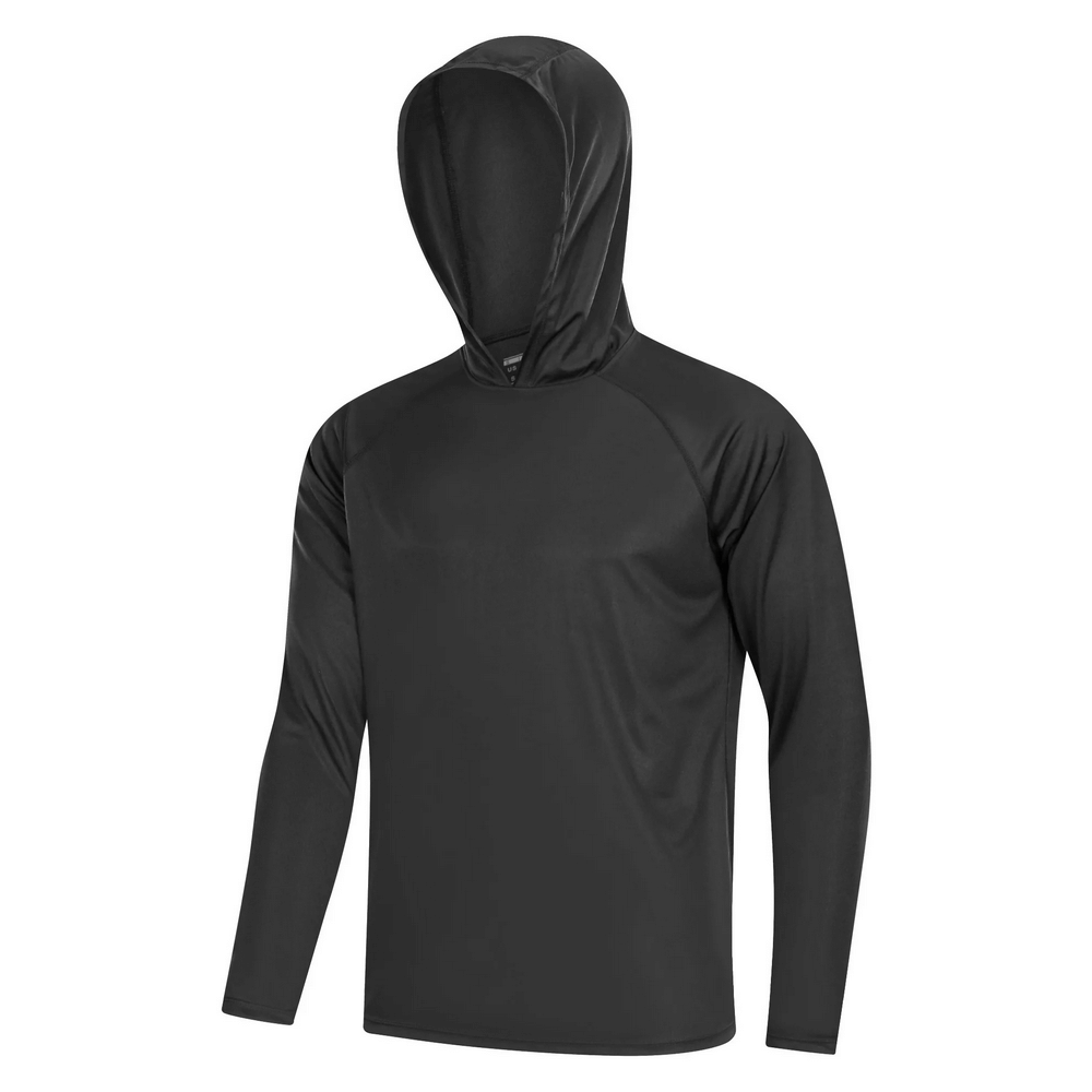 Men's long sleeve hooded UV protection top for outdoor activities, lightweight polyester, perfect for hiking and fishing.