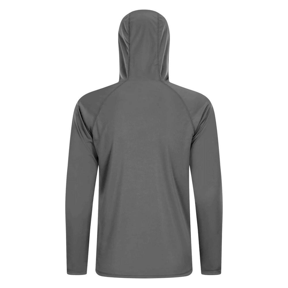 Men's long sleeve hooded UV protection outdoor top in grey, back view