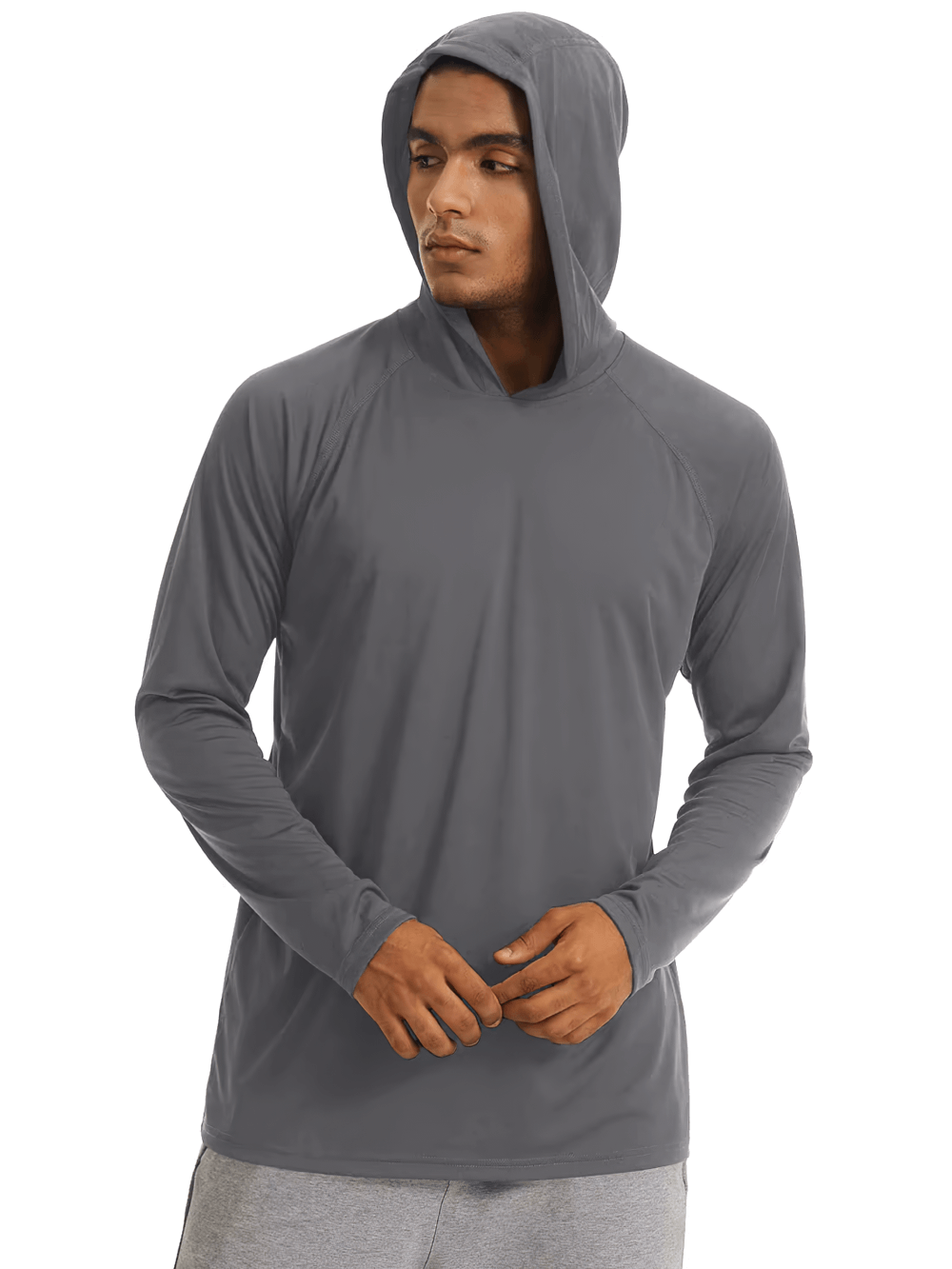 Men's long sleeve hooded top with UV protection for outdoor activities, shown in charcoal gray, perfect for hiking and sun protection.