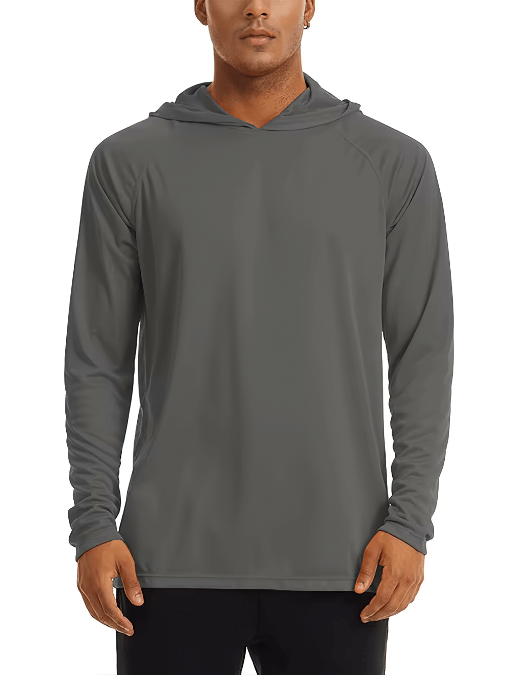 Men's long sleeve hooded UV protection outdoor top in gray, perfect for hiking and sun protection, made from lightweight polyester.