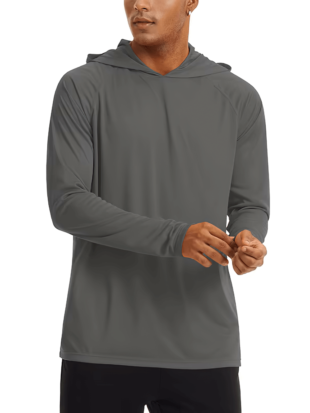 Men's long sleeve hooded UV protection top in gray, perfect for hiking and outdoor activities. Lightweight polyester for sun protection.