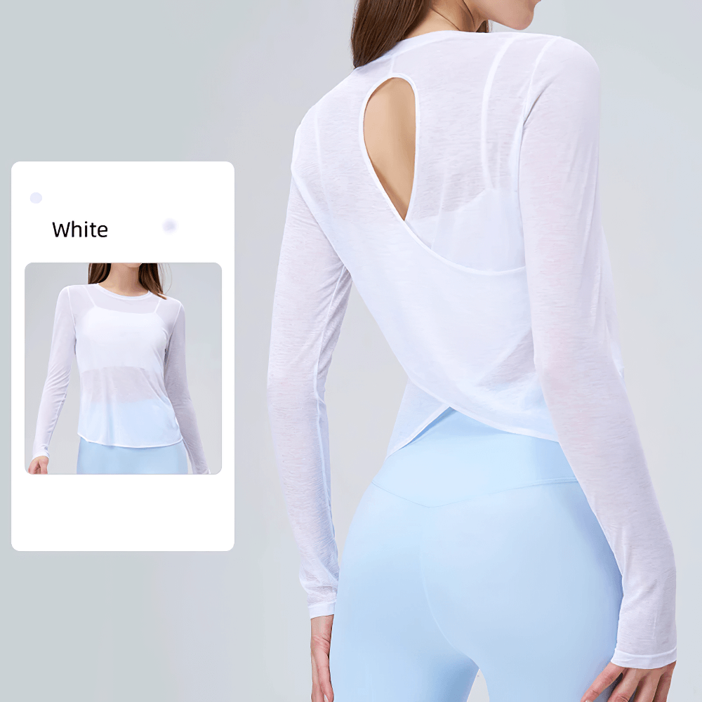 Model wearing Long Sleeve Quick Dry Yoga Top for Women - SF4183, white top with backless design, perfect for yoga.
