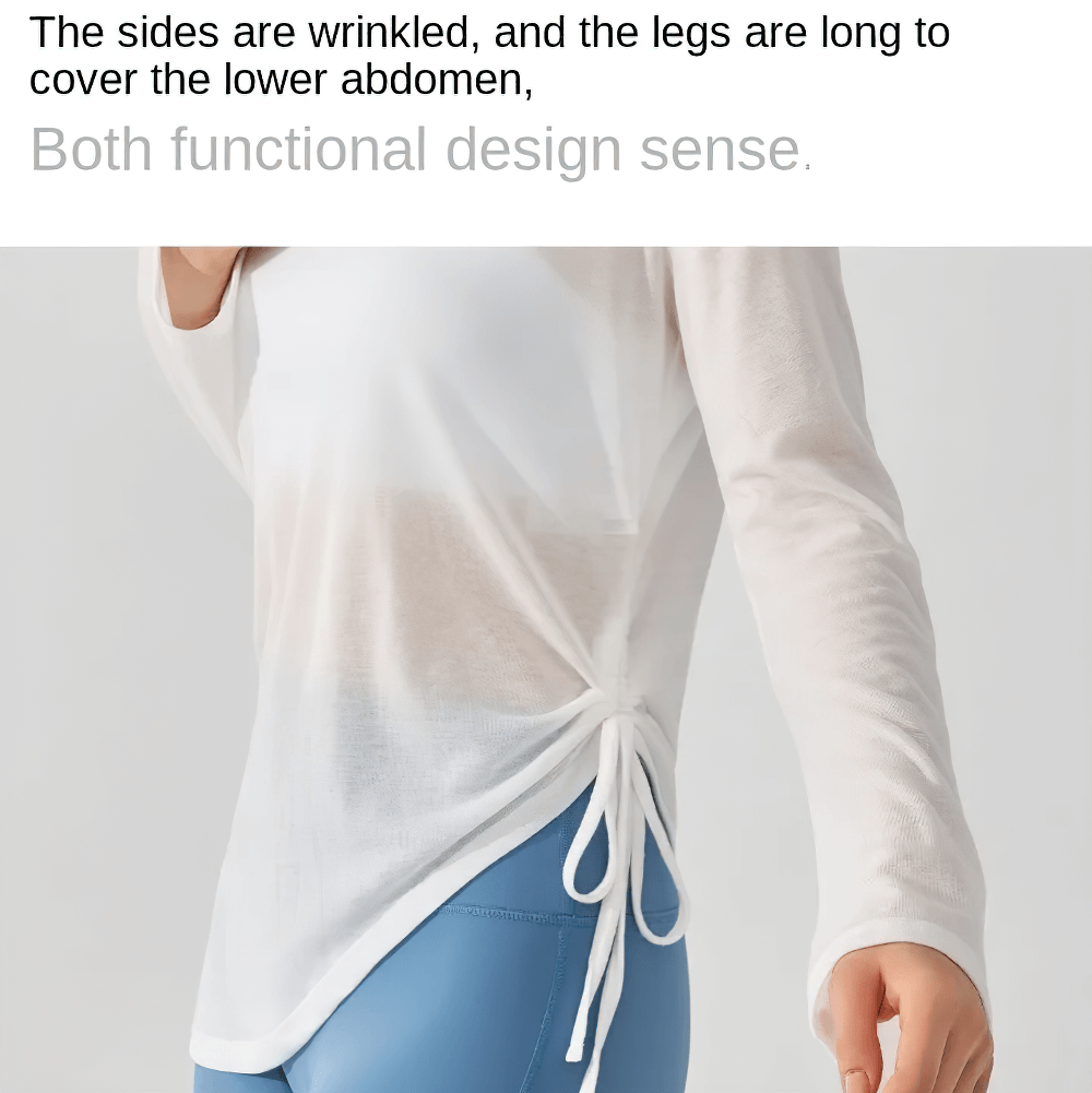 Long-sleeve yoga top with ruched side-tie detail and v-neck, ideal for yoga and training. Lightweight and breathable activewear shirt.
