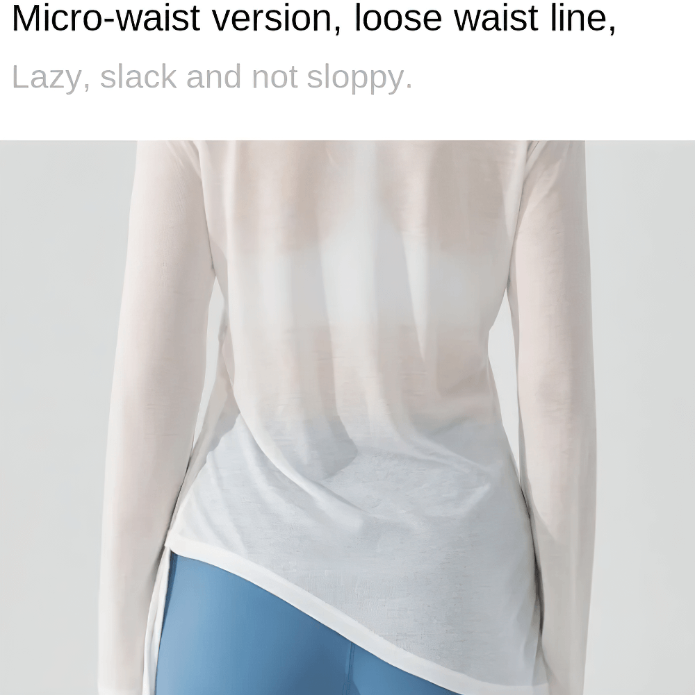 Back view of a sheer white long-sleeve top with loose fit, highlighting blue leggings underneath, designed for comfort and casual style.