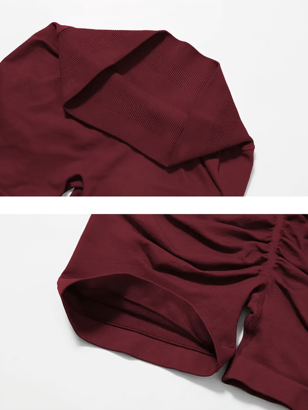 Burgundy long-sleeve workout top and high-waisted shorts set, showcasing ribbed texture and ruched details. Perfect for activewear.