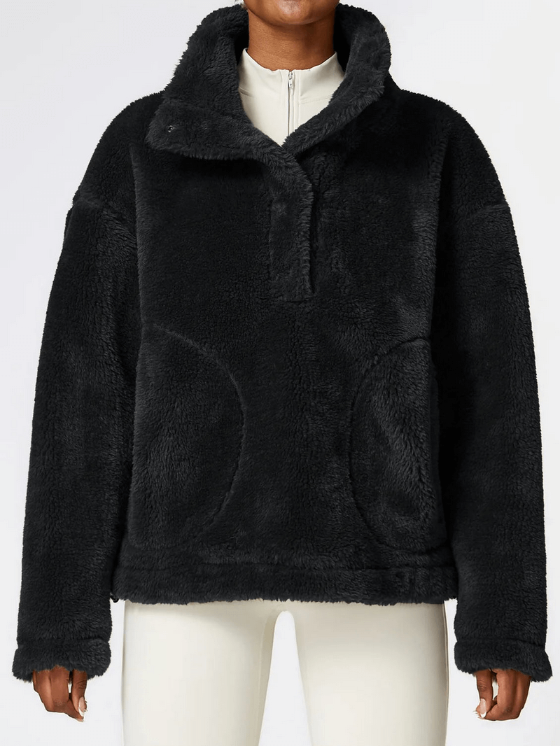 Long Sleeved Outdoor Loose Fitting Lamb Fleece Jacket for women, black, 100% polyester, anti-pilling, perfect for yoga and outdoor activities