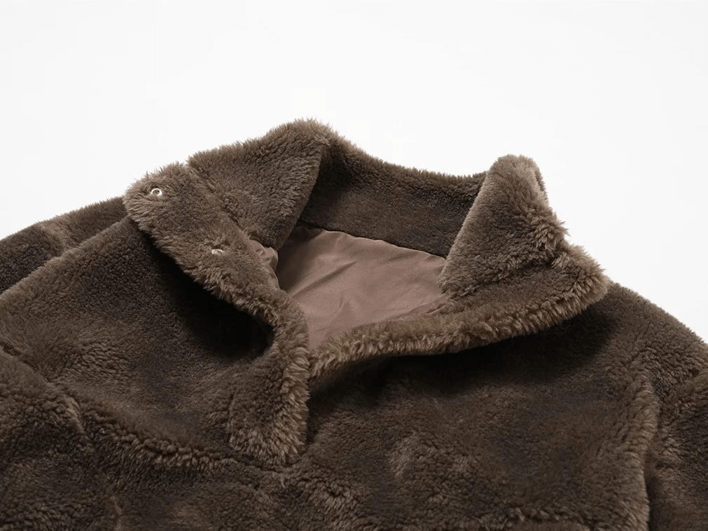 Close-up of the brown Long Sleeved Outdoor Loose Fitting Lamb Fleece Jacket SF1837 showing collar and plush fabric texture for women.