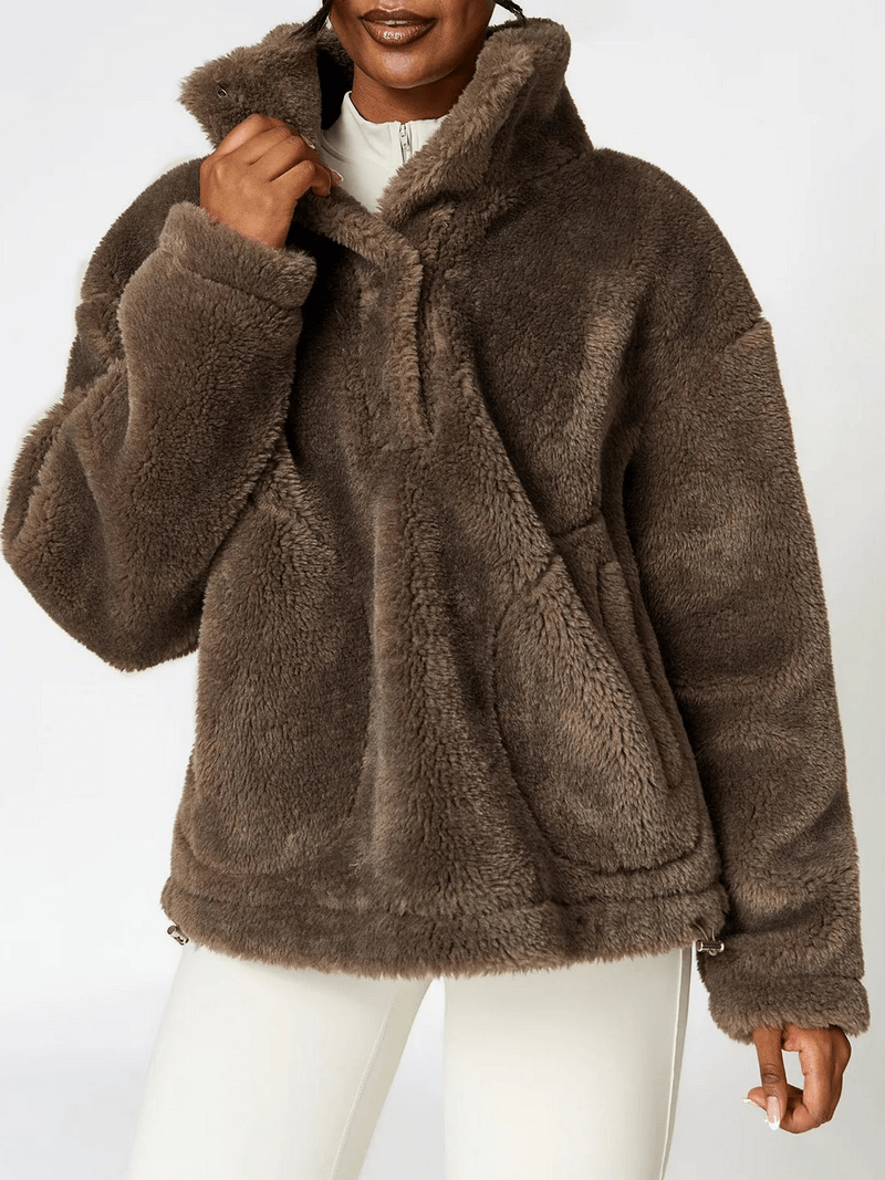 Cozy long sleeved outdoor lamb fleece jacket in brown, perfect for yoga and outdoor activities. Anti-pilling polyester, full sleeves.