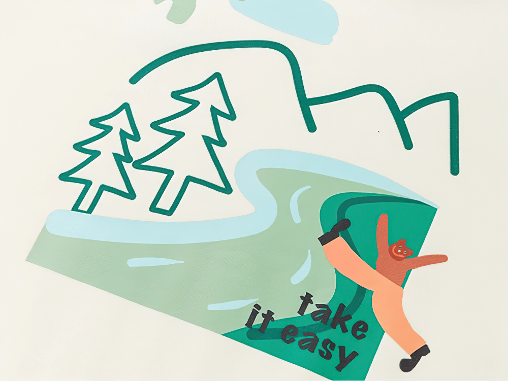 "Take it Easy" mountain design with playful figure on kid's sweatshirt, featuring vibrant nature-themed graphics, perfect for adventurous kids.