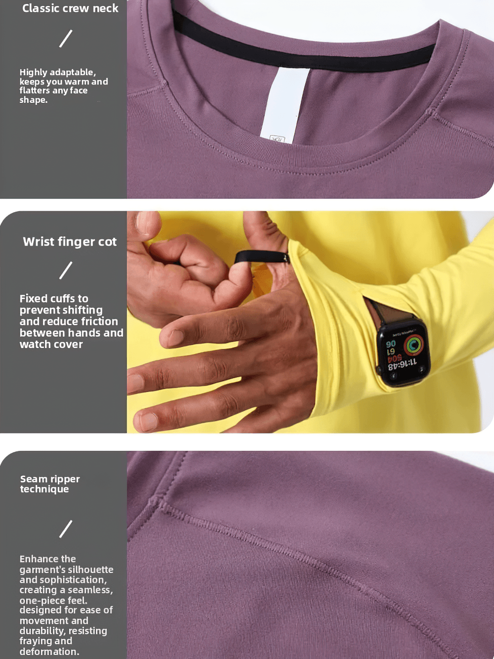 Long-Sleeved Workout Top with Watch Opening - SF4737 features classic crew neck, wrist finger cot, and seam ripper technique.