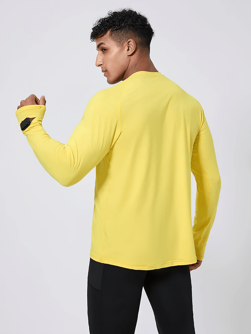 Long-Sleeved Workout Top with Watch Opening - SF4737 in yellow, showcasing thumbhole sleeve detail and watch opening.