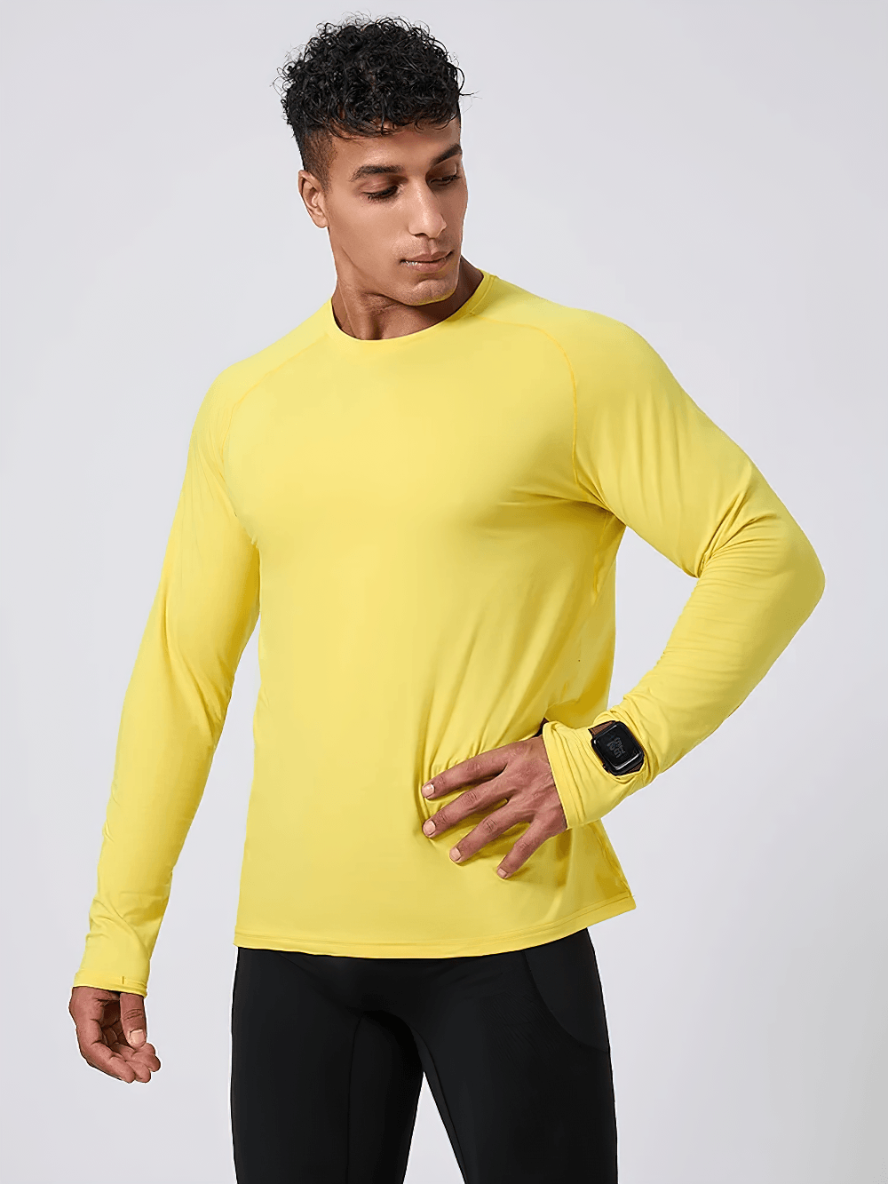 Long-Sleeved Workout Top with Watch Opening - SF4737 in vibrant yellow, perfect for active training sessions.