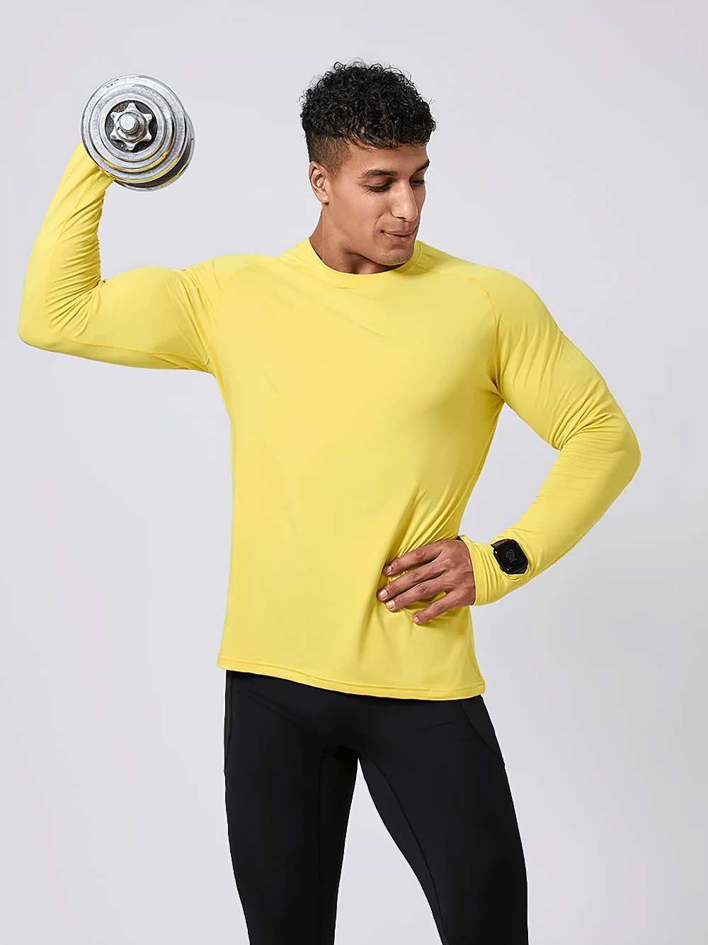 Long-Sleeved Workout Top with Watch Opening - SF4737 model lifting a dumbbell in yellow athletic training shirt.