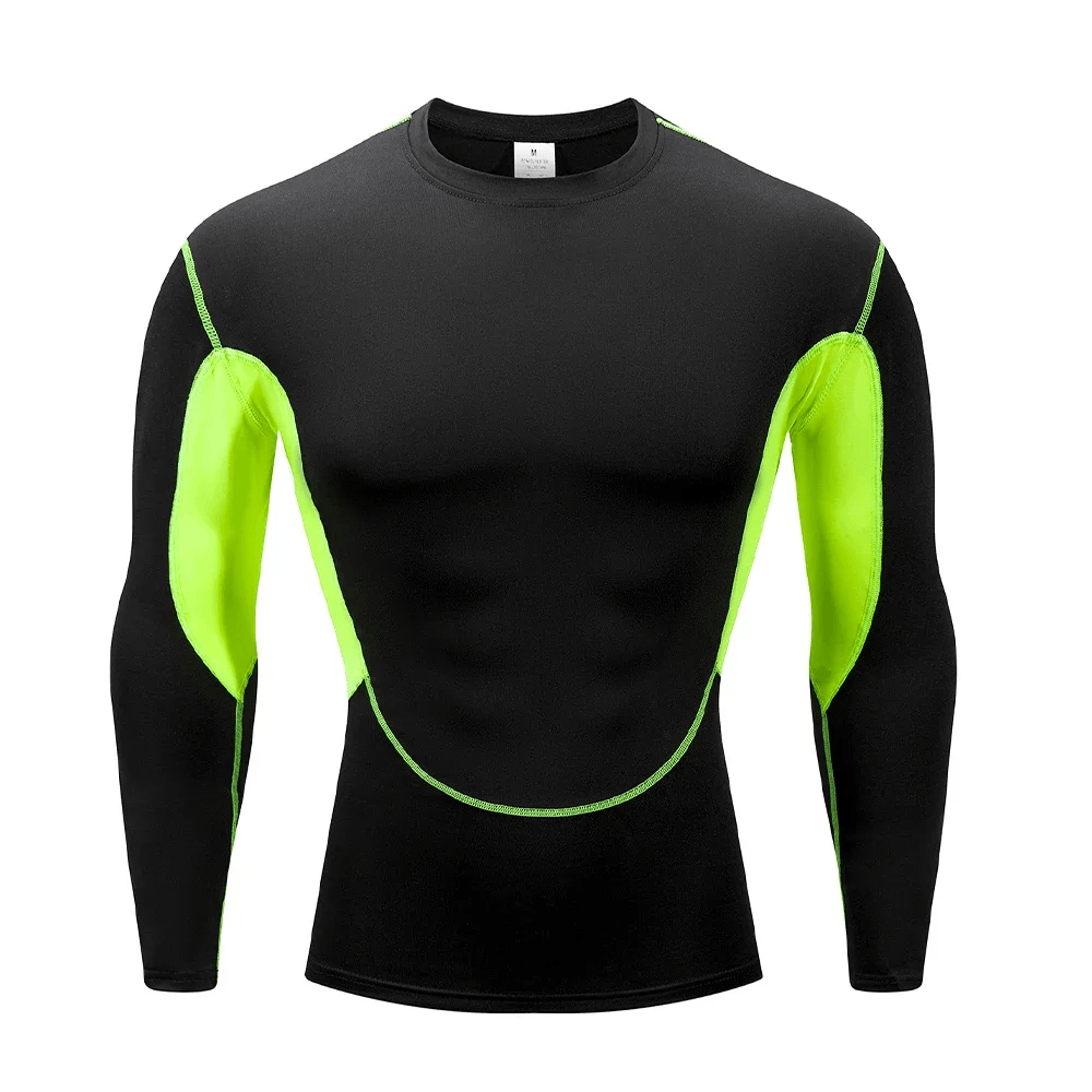 Long Sleeves Athletic Compression Top with Color Block - SF4588 in black and neon green for active sports.