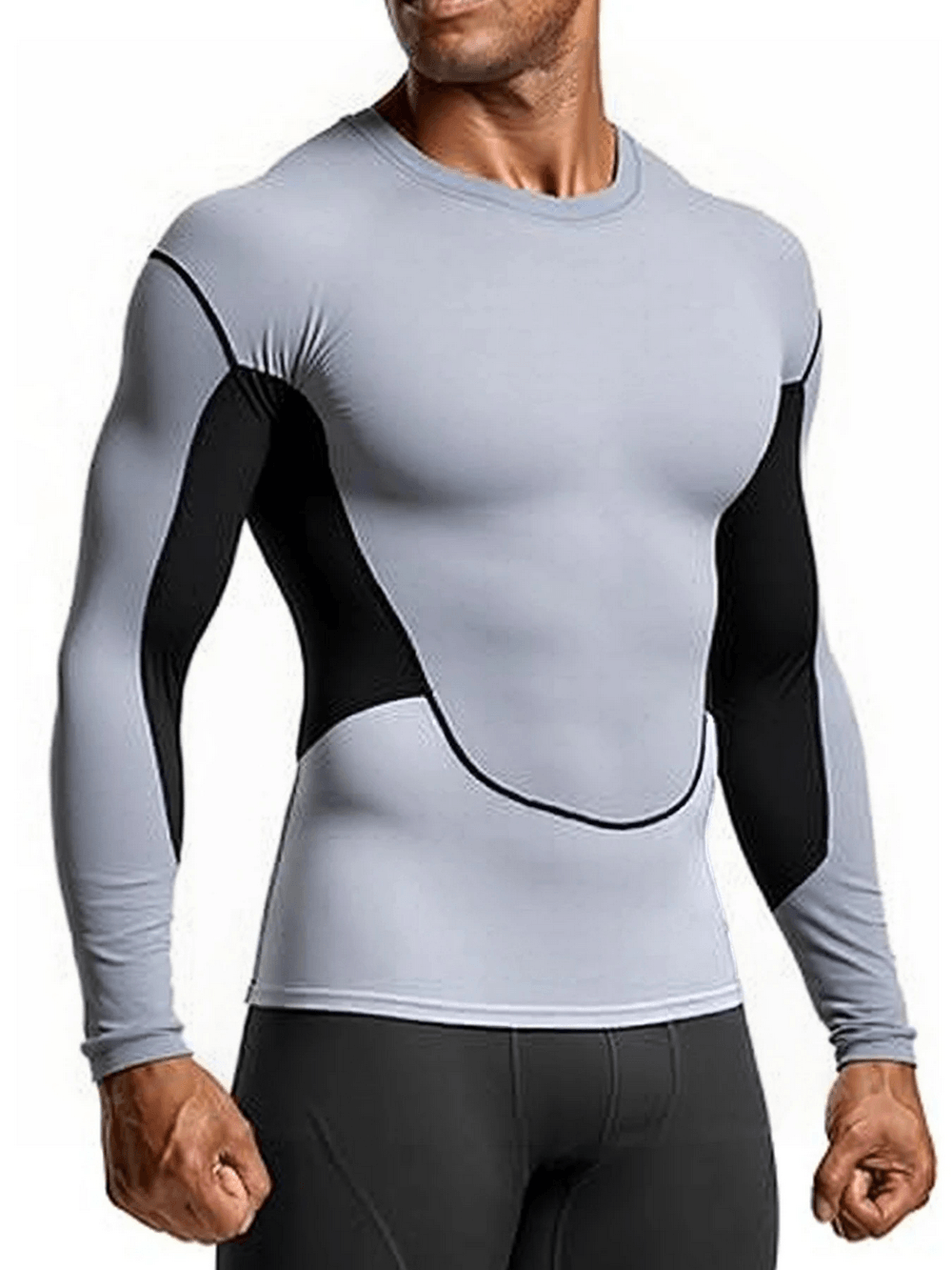 Long Sleeves Athletic Compression Top with Color Block - SF4588 on a male model showcasing its fitted design and contrast panels.