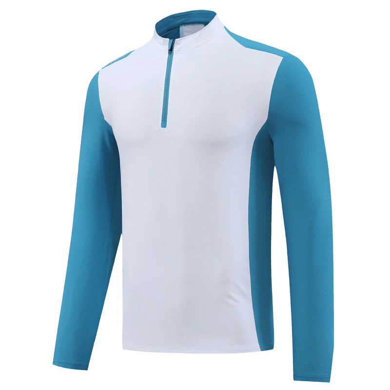 Men's long sleeve running pullover with half-zip, featuring a blue and white color scheme, designed for performance and style - SF2074.