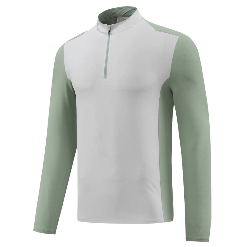 Men's half-zip performance pullover with grey body and green sleeves, ideal for visibility and comfort during runs. SF2074 model.