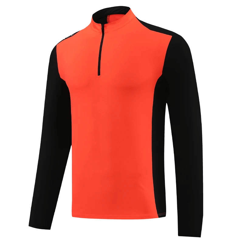 Men's orange and black long sleeve running pullover with half-zip, SF2074. Perfect for performance and visibility with moisture-wicking fabric.