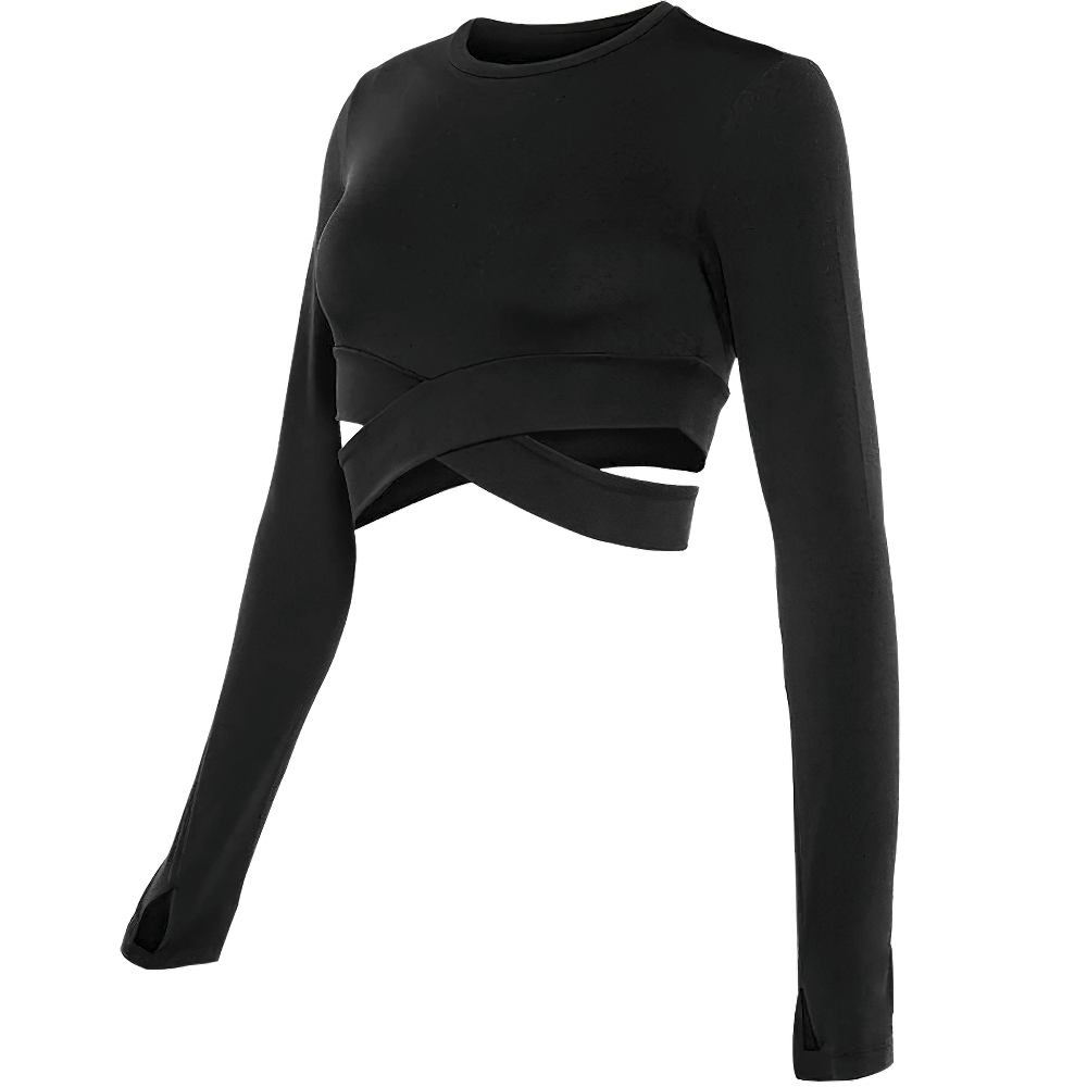 Long Sleeves Fitness Top for Women / Slim Crew Neck Crop Top with Cross Waist - SF0047