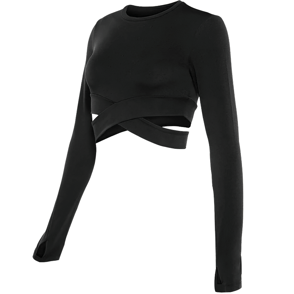 Black long sleeve fitness top for women with slim crew neck and cross waist design, ideal for yoga and workouts.