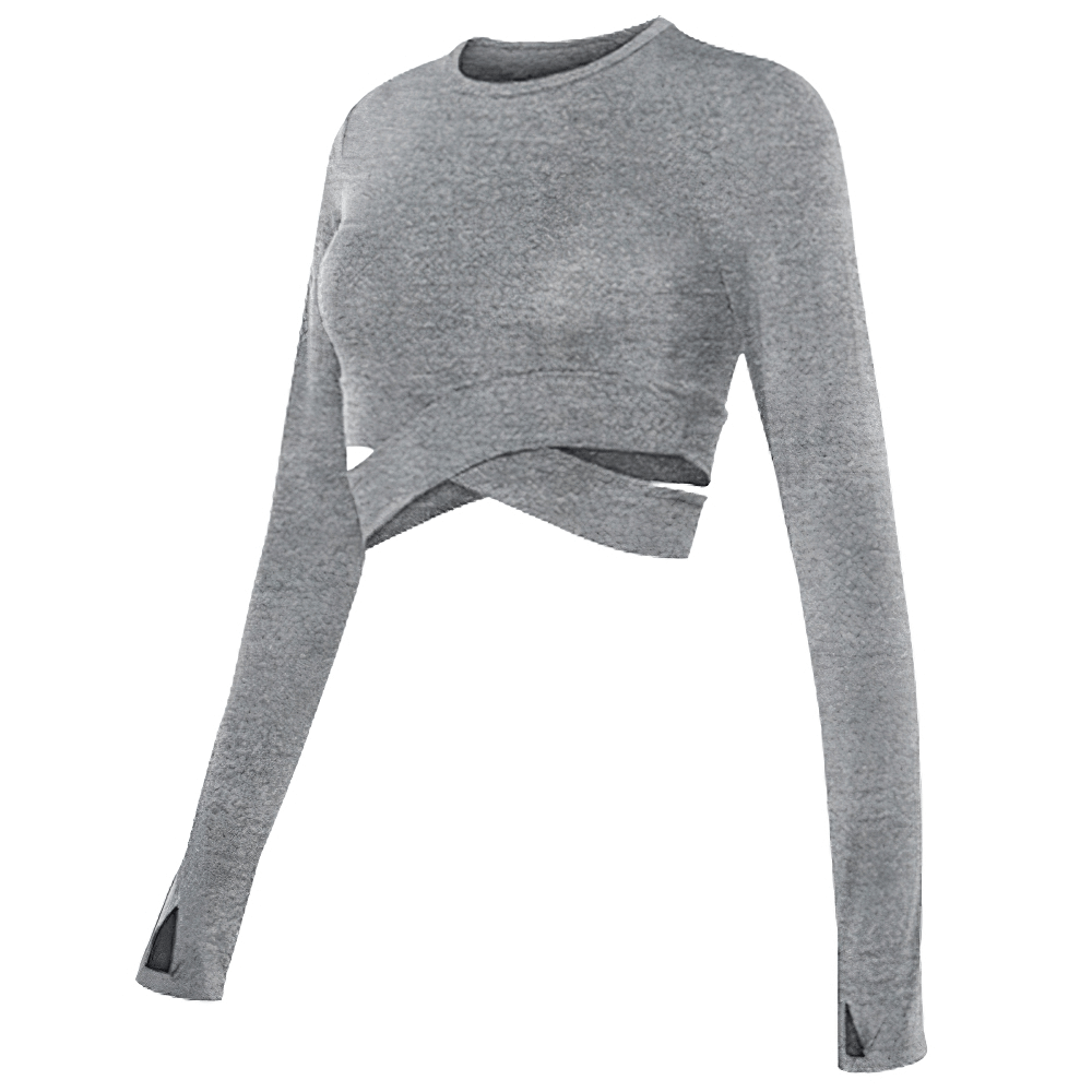 Women's slim crew neck crop top with long sleeves and cross waist design in gray, ideal for yoga workouts, made from breathable polyester fabric.