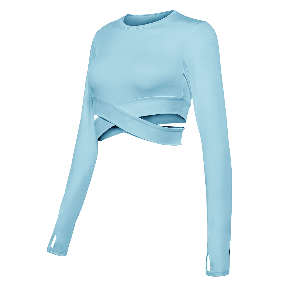 Light blue slim-fit long sleeves fitness top with cross waist design for women, ideal for yoga, crafted from breathable polyester fabric.