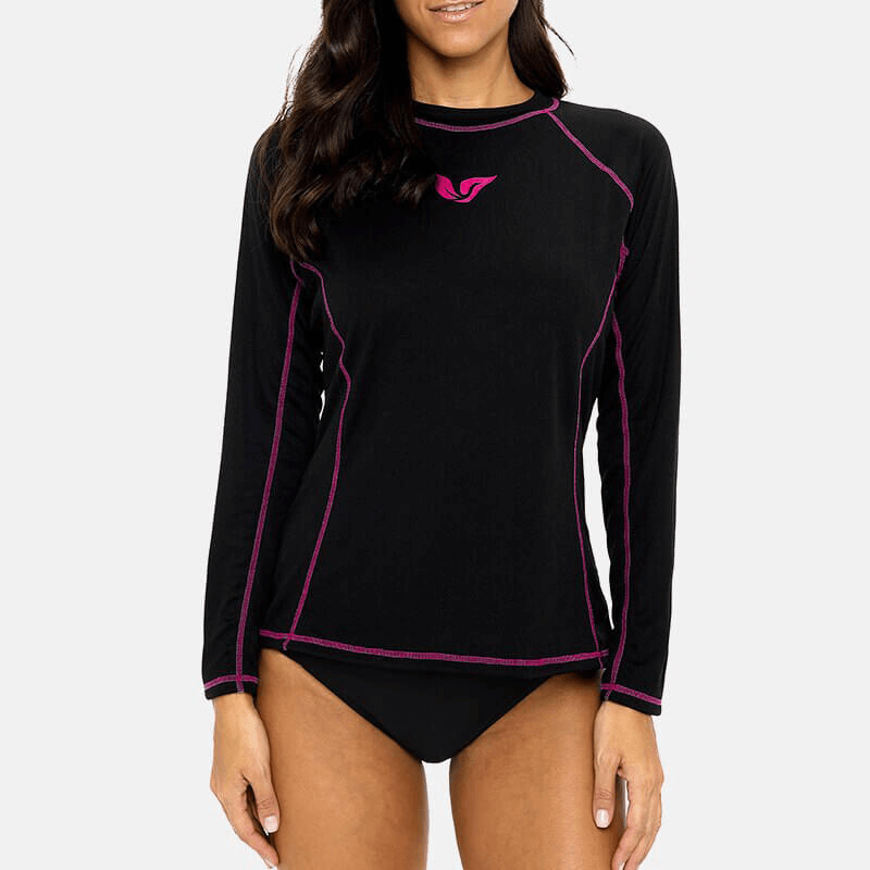 Women's long sleeve black surf top with pink stitching, UPF 50+ for sun protection, solid pattern, polyester rashguard beachwear.