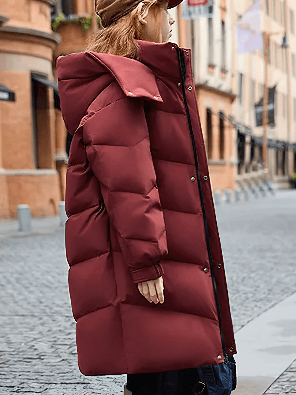 Child wearing Long White Duck Down Jacket with Hood and Zipper - SF3631 in wine red, perfect for stylish winter travels.