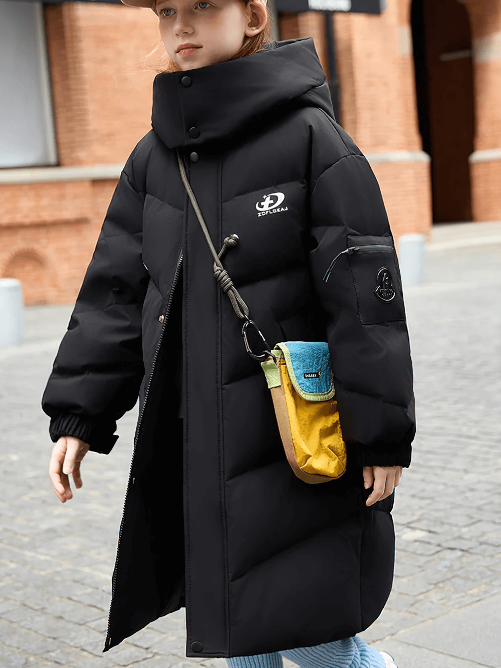 Long White Duck Down Jacket with Hood and Zipper - SF3631 in black on a child, featuring full-body warmth and street style.