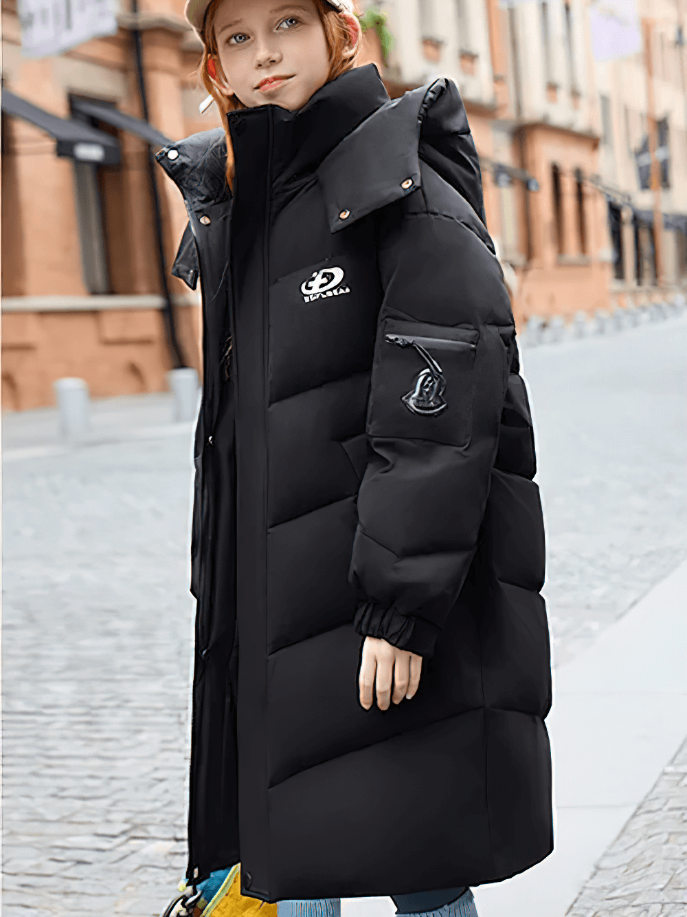Child wearing Long White Duck Down Jacket with Hood and Zipper - SF3631 in black, perfect winter coat for cold weather and travel.