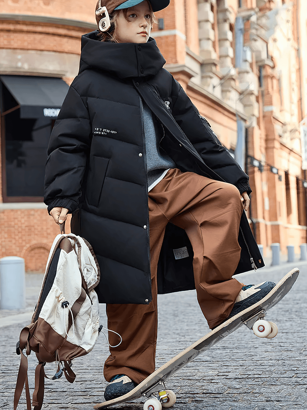 Child wearing black Long White Duck Down Jacket with Hood and Zipper - SF3631 skateboarding on city street