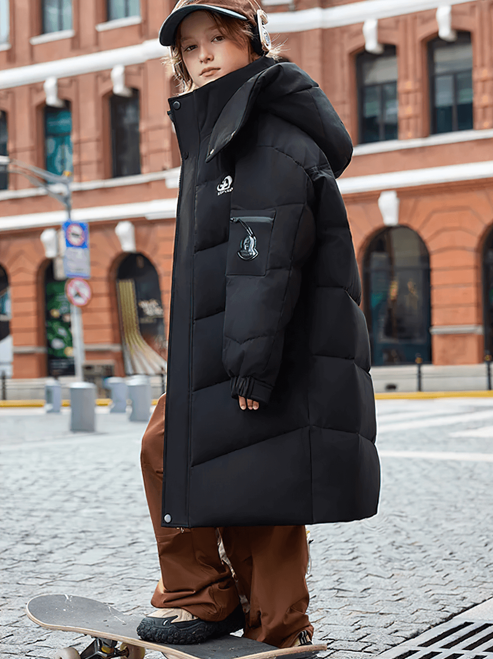 Child wearing Long White Duck Down Jacket with Hood and Zipper - SF3631, warm winter coat for cold travel days.