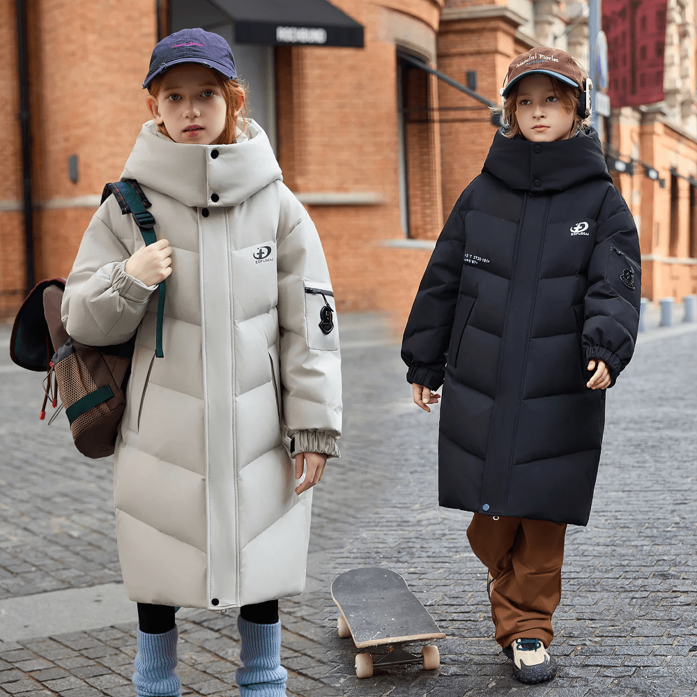 Kids wearing Long White Duck Down Jacket with Hood and Zipper - SF3631, ideal for cold weather and travel in stylish urban setting.