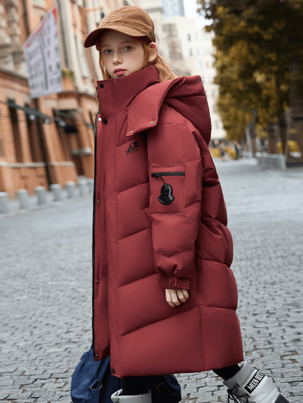 Child wearing a Long White Duck Down Jacket with Hood and Zipper - SF3631 in wine red, standing on a city street.